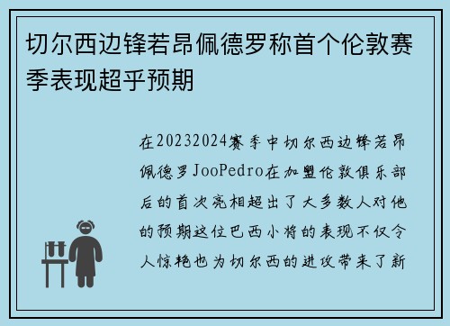 切尔西边锋若昂佩德罗称首个伦敦赛季表现超乎预期 切尔西边锋若昂佩德罗称首个伦敦赛季表现超乎预期