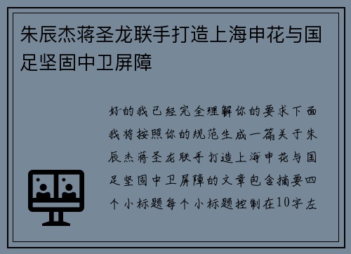 朱辰杰蒋圣龙联手打造上海申花与国足坚固中卫屏障